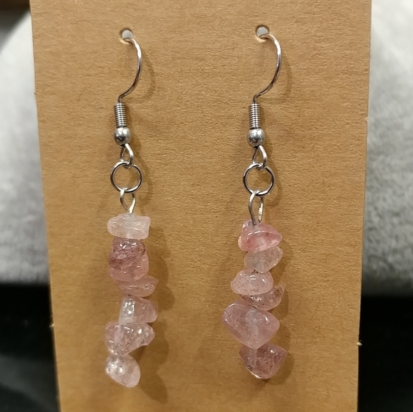 Strawberry Quartz Earrings Natural Gemstone Chip Beaded Surgical Stainless-Steel - Picture 4 of 11